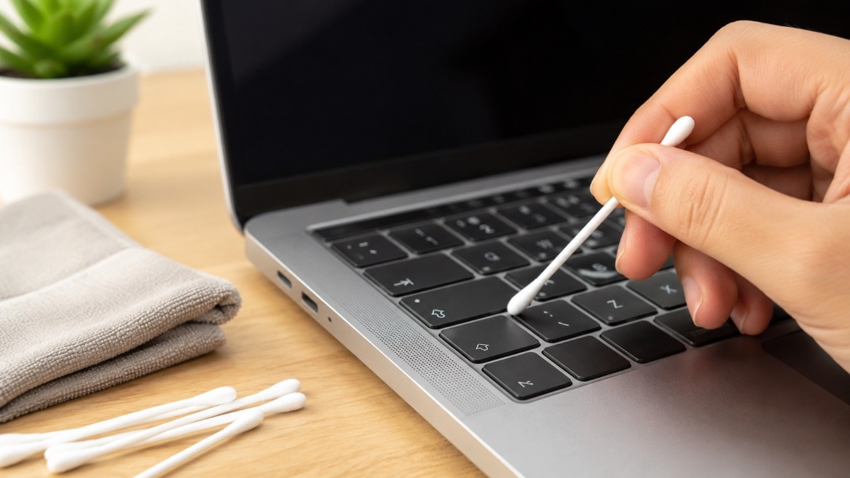 A cotton swab can help remove dust and debris from hard-to-reach laptop corners.