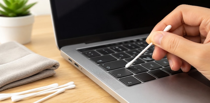 A cotton swab can help remove dust and debris from hard-to-reach laptop corners. A cotton swab can help remove dust and debris from hard-to-reach laptop corners.