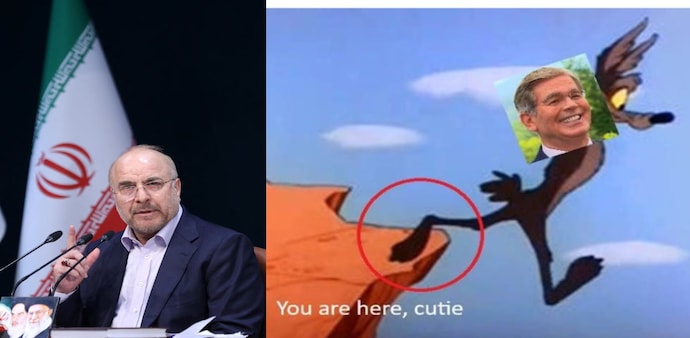 Ghalibaf shared a photoshopped Wile E. Coyote meme with the caption 'You are here, cutie' Ghalibaf shared a photoshopped Wile E. Coyote meme with the caption 'You are here, cutie'