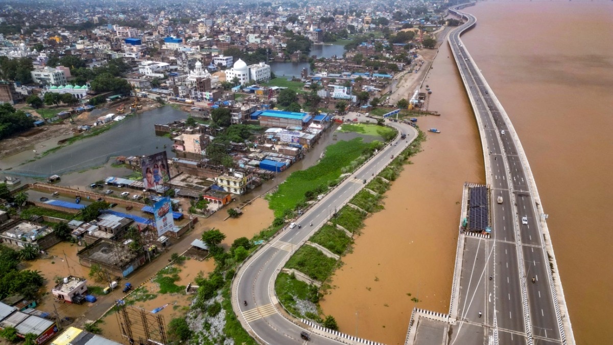 An aerial view of an area inundated by floodwaters following the rise in the water level of the Ganga river in Patna, Bihar (PTI)