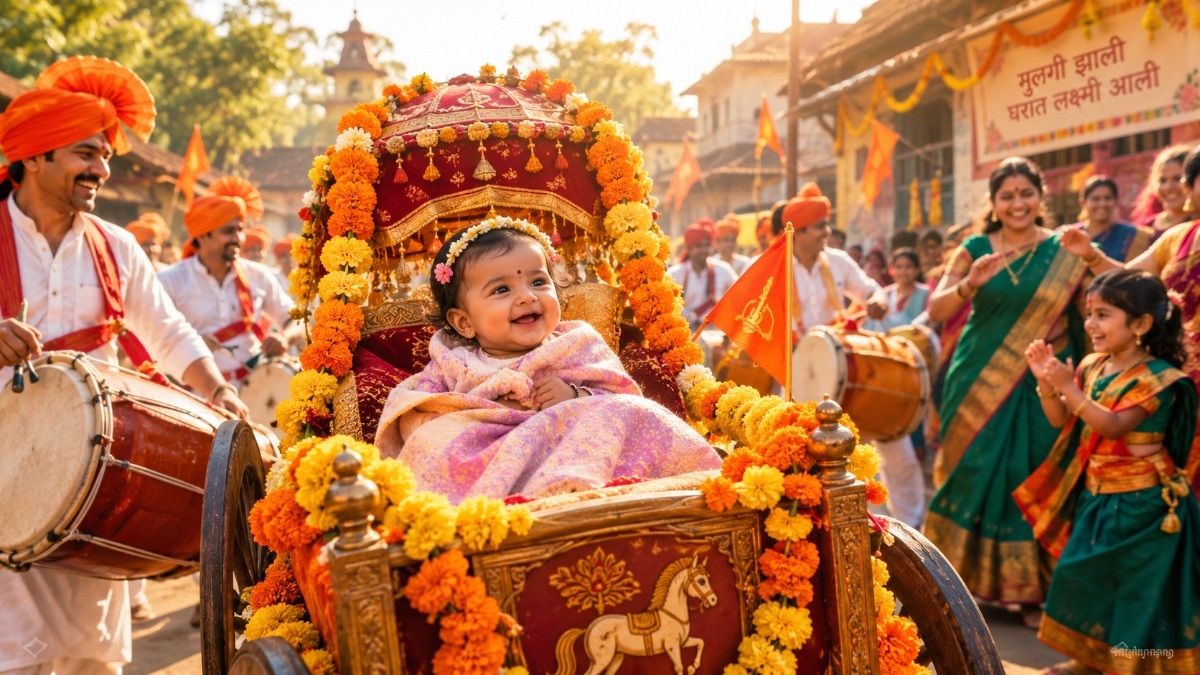 Newborn baby girl on a flower-decorated chariot during a festive welcome procession in a Maharashtra village.