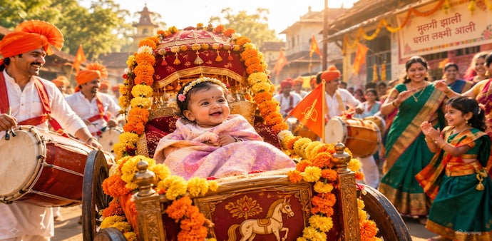 Newborn baby girl on a flower-decorated chariot during a festive welcome procession in a Maharashtra village. Newborn baby girl on a flower-decorated chariot during a festive welcome procession in a Maharashtra village.