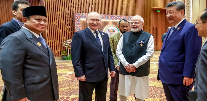 PM Modi with Chinese President Xi, Russian President Putin, Indonesian President Subianto during BRICS Summit (Photo: PTI) PM Modi with Chinese President Xi, Russian President Putin, Indonesian President Subianto during BRICS Summit (Photo: PTI)