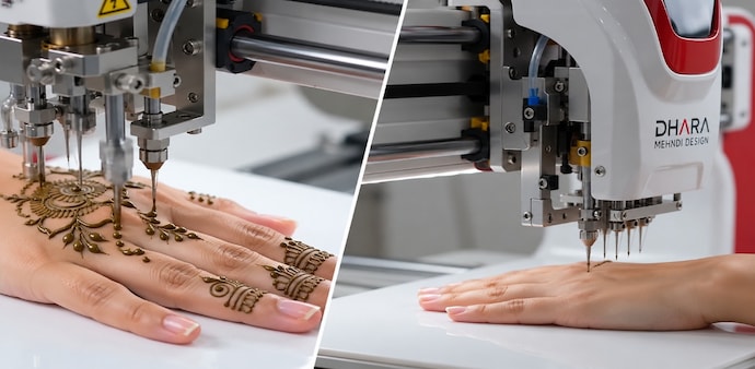 The clip shows a woman placing her hand inside a machine, which then appears to apply a detailed mehendi design with little visible human involvement. The clip shows a woman placing her hand inside a machine, which then appears to apply a detailed mehendi design with little visible human involvement.