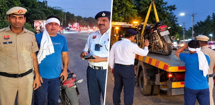 Gurugram’s traffic police have detained a two-wheeler rider found without helmet or documents Gurugram’s traffic police have detained a two-wheeler rider found without helmet or documents