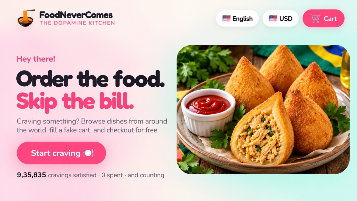FoodNeverComes lets users experience online ordering without spending money or receiving food.