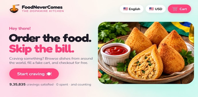 FoodNeverComes lets users experience online ordering without spending money or receiving food. FoodNeverComes lets users experience online ordering without spending money or receiving food.