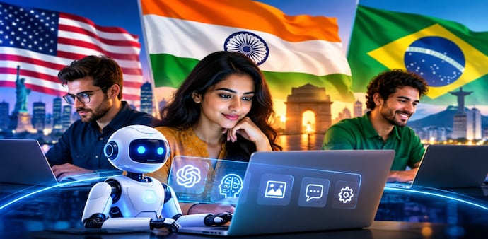 The US recorded more than twice India's traffic, while the US, India and Brazil together accounted for 36.5% of all AI tool website visits worldwide. (AI generated image) The US recorded more than twice India's traffic, while the US, India and Brazil together accounted for 36.5% of all AI tool website visits worldwide. (AI generated image)