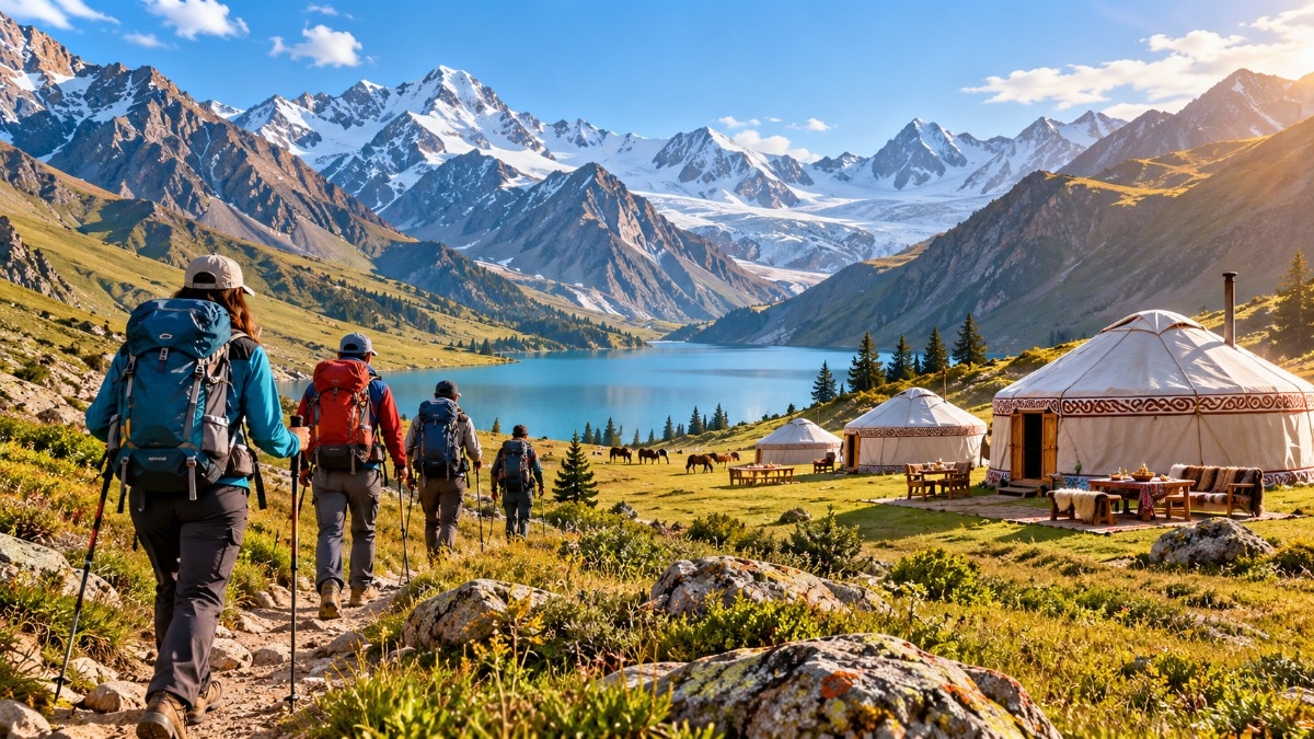 The route includes views of peaks such as the 14,600-foot Tashtambek-Tor Bashi and the Ala-Kol Lake, which sits beyond the Ala-Kol Pass. (AI generated image)