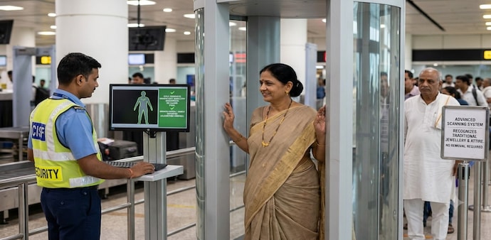 While full-body scanners flag metallic items, foreign airports have already adapted their systems to permit standard jewellery and medical implants. (AI image) While full-body scanners flag metallic items, foreign airports have already adapted their systems to permit standard jewellery and medical implants. (AI image)