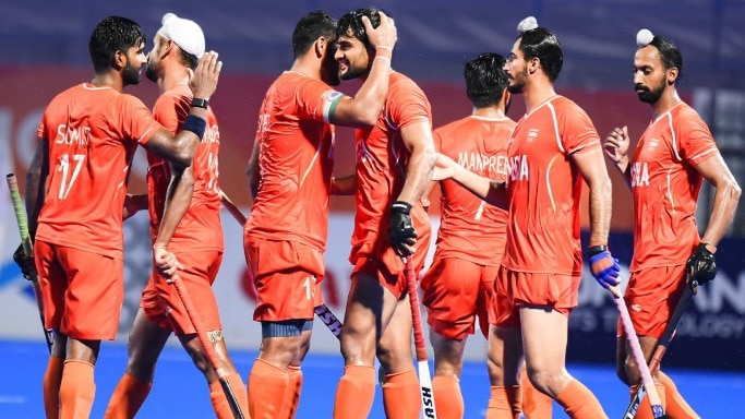 India men's hockey team celebrates after winning Asian Games 2026 gold. 