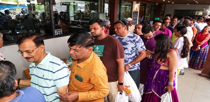Long queues were seen outside fafda-jalebi shops in Ahmedabad, Gujarat Long queues were seen outside fafda-jalebi shops in Ahmedabad, Gujarat