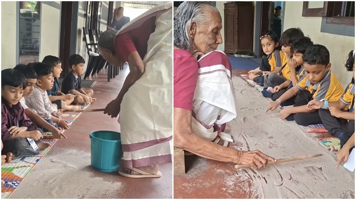 Kerala elderly woman uses sand to teach little children