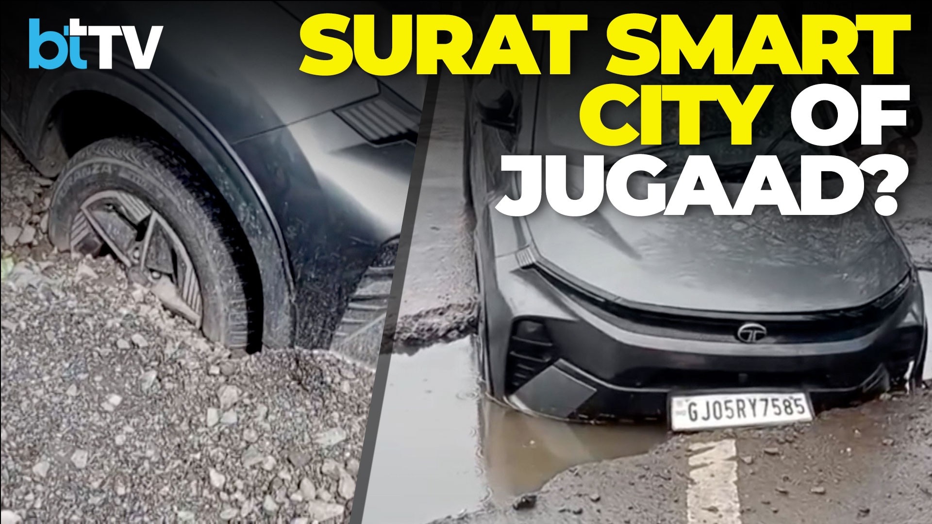 Viral Video: ‘Buried With The Car’: Surat Municipality Faces Outrage Over Bizarre Pothole Fix