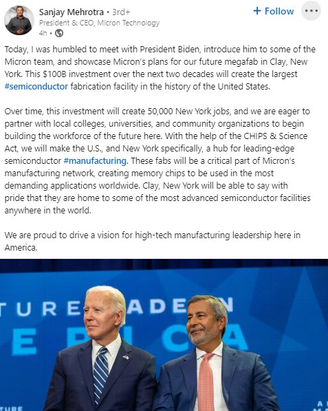 US President Joe Biden meets CEO of Micron Technology Sanjay Mehrotra 