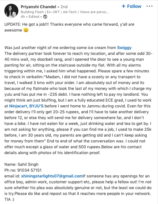 LinkedIn post on Swiggy delivery agent