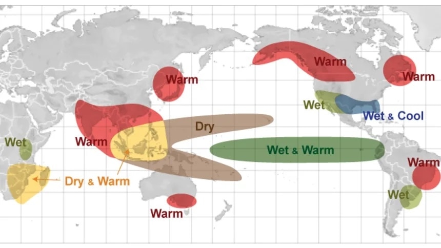 Global impacts of El Niño in Northern Hemisphere winter and Southern Hemisphere summer. (NOAA)