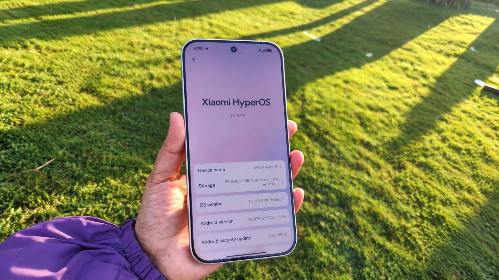 Redmi Turbo 5 runs Xiaomi HyperOS, with Android version and storage details displayed