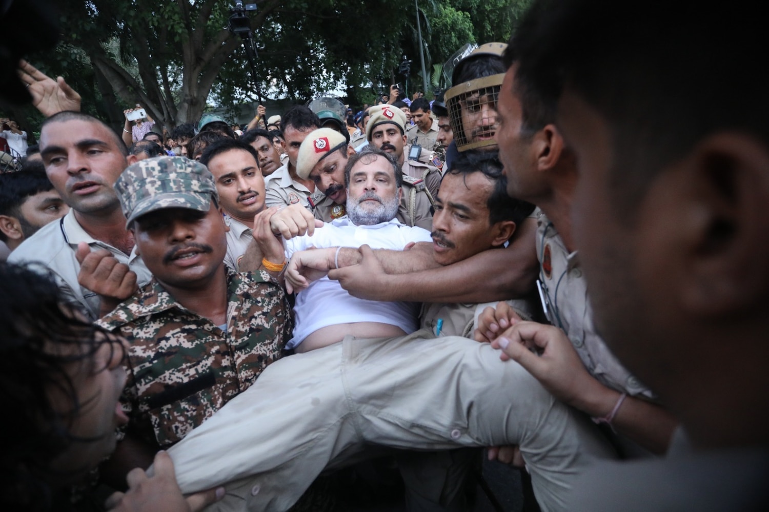 Rahul Gandhi Detained by Police During Sit-in Protest Near PM Residence Over Education Minister's Resignation