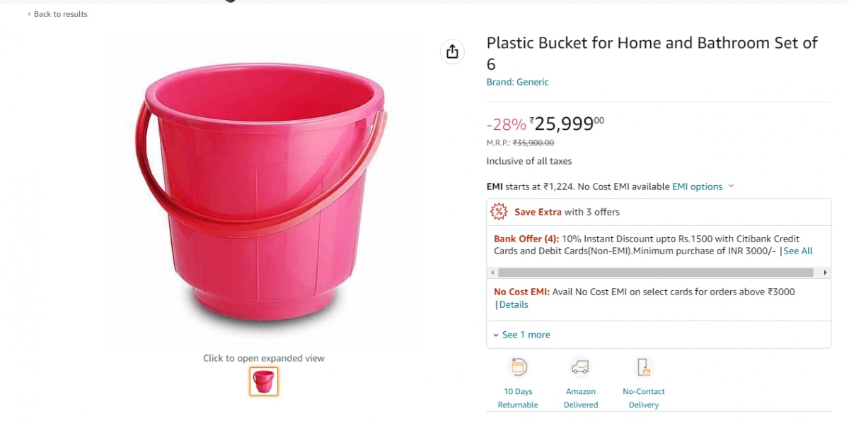 On Amazon, plastic bucket goes for Rs 25,999 and bathroom mugs cost Rs