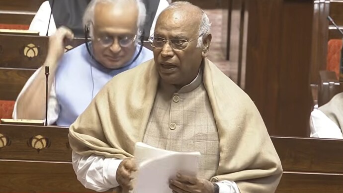 Leader of Opposition in the Rajya Sabha, Mallikarjun Kharge speaks in Parliament.