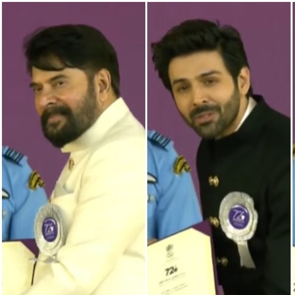 (L-R) Mammootty, Kartik Aaryan, Yami Gautam and Dhanush