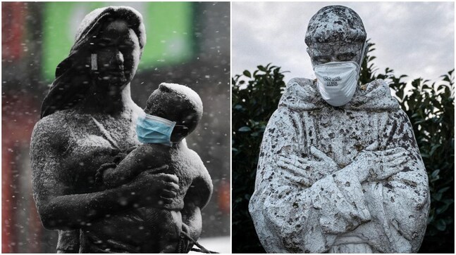 Statues around the world wear face masks and gloves Statues around the world wear face masks and gloves