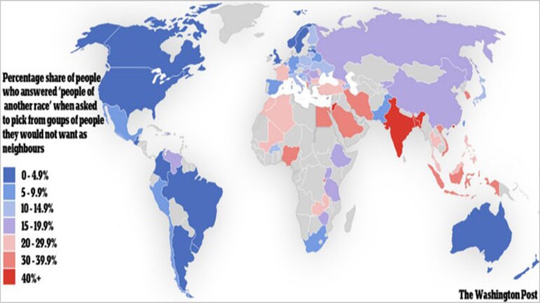 Map of the world's most and least racially tolerant countries Map of the world's most and least racially tolerant countries