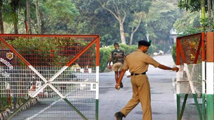 An Indian BSF official at the Tin Bigha Corridor gate