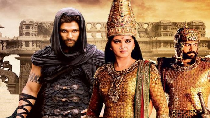 (From left) Allu Arjun, Anushka Shetty and Rana Daggubati in Rudhramadevi