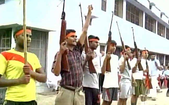 Bajrand Dal members training with rifles in Ayodhya.