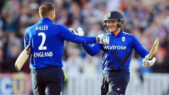 England's Alex Hales celebrates his century with Jason Roy. (AP Photo) Alex Hales, Jason Roy blast England to crushing win over Sri Lanka in 2nd ODI