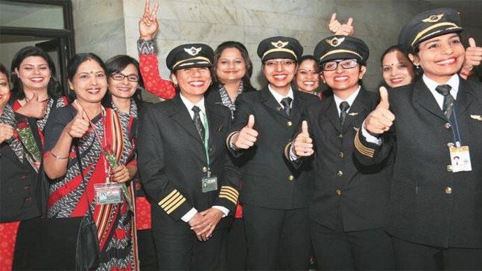 Air India crew and pilots celebrating International Women's Day.