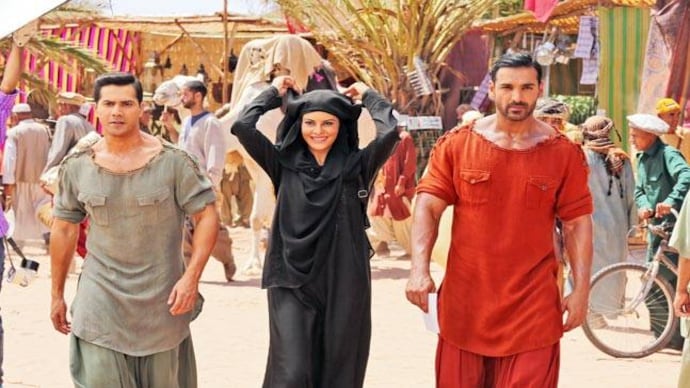 Varun Dhawan, Jacqueline Fernandez and John Abraham in a still from Dishoom