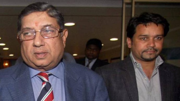 (PTI Photo) N Srinivasan, Anurag Thakur come face-to-face at informal meeting