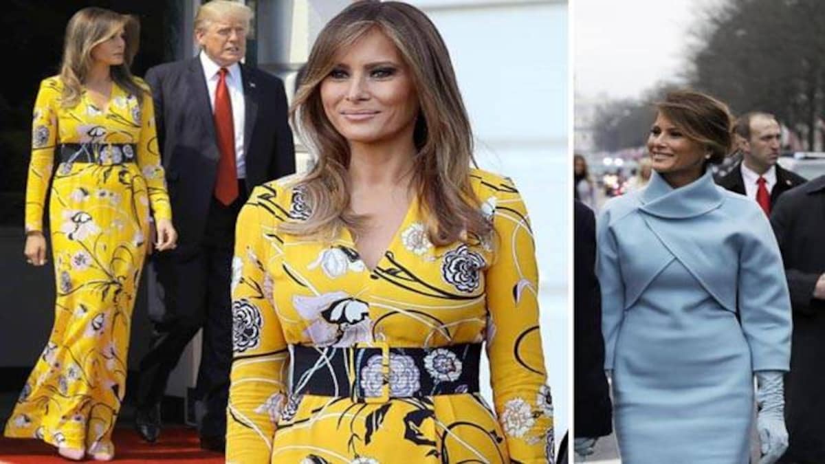melania trump yellow dress shows off shoulders in bold gown at UK state banquet Melania Trump arrives in France