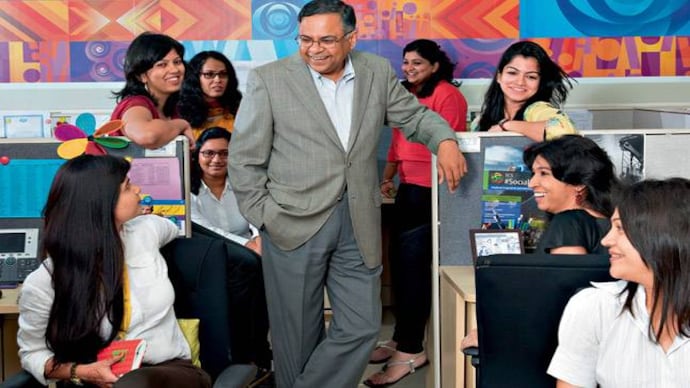 Former TCS CEO N Chandrasekaran with staff. Photo: Rachit Goswami