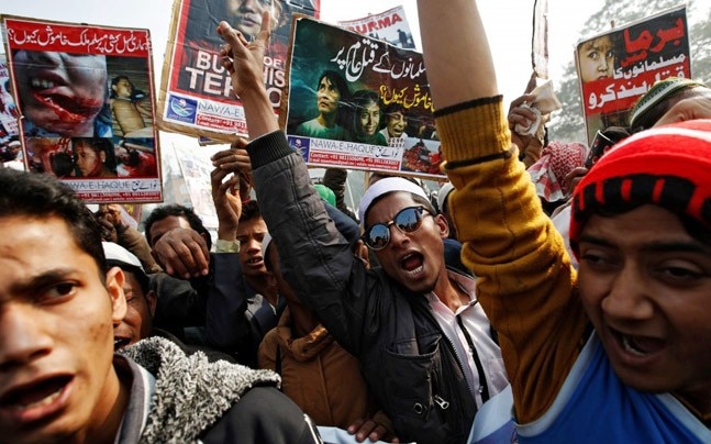 Rohingya refugees protesting in New Delhi