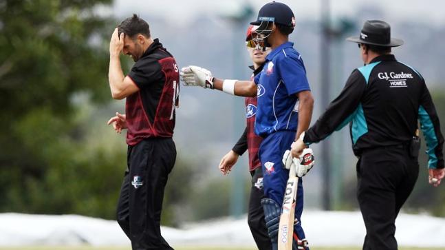 Ball hits bowler's head but flies for a six in 50-over match in New Zealand