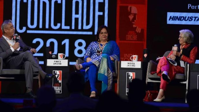 Pinky Anand (centre), Additional Solicitor General of India, and Indira Jaising (right), advocate with the Supreme Court of India, at the India Today Conclave 2018