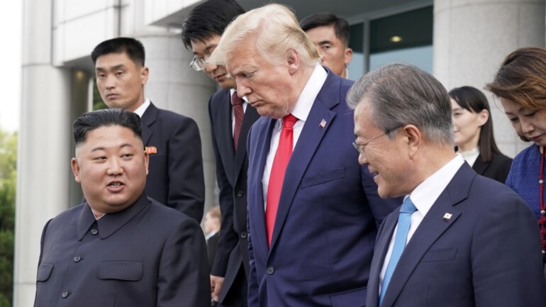 US President Donald Trump, North Korean leader Kim Jong Un and South Korean President Moon Jae-in leave after a meeting at the demilitarized zone separating the two Koreas, in Panmunjom, South Korea, June 30, 2019. (Photo: Reuters)