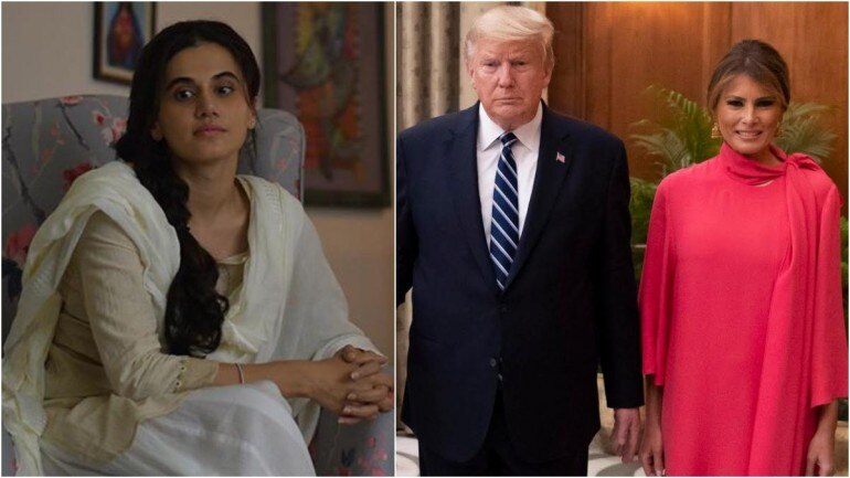 Taapsee Pannu in a still from Thappad (L), the Trumps at Rashtrapati Bhavan (Photo: Associated Press)