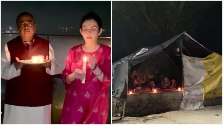 Mukesh and Nita Ambani, India's rich to poor, light diyas. (Photos: Twitter)