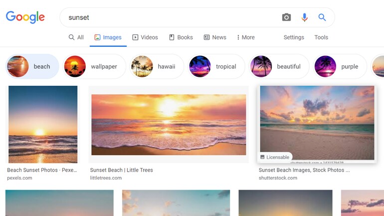 Google Images search results show Licensable badge on photo thumbnails