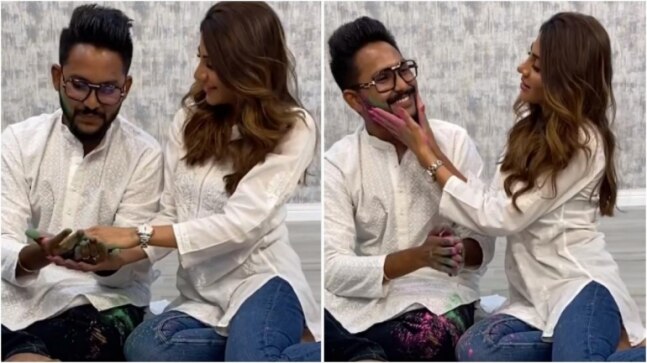 Nikki Tamboli kicks off Holi celebrations early with Jaan Kumar Sanu. Watch adorable video