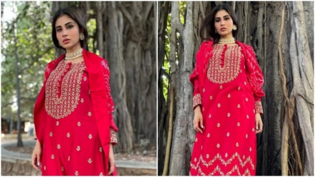 Mouni Roy in Rs 33k kurta-pants with dupatta is resplendent in red. See pics
