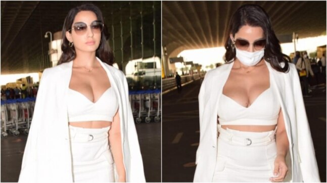 Nora Fatehi in white bralette and bodycon skirt adds sensuous charm to airport look