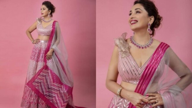 Madhuri Dixit in Rs 1.6 lakh metallic pink lehenga is simply breathtaking. See pics