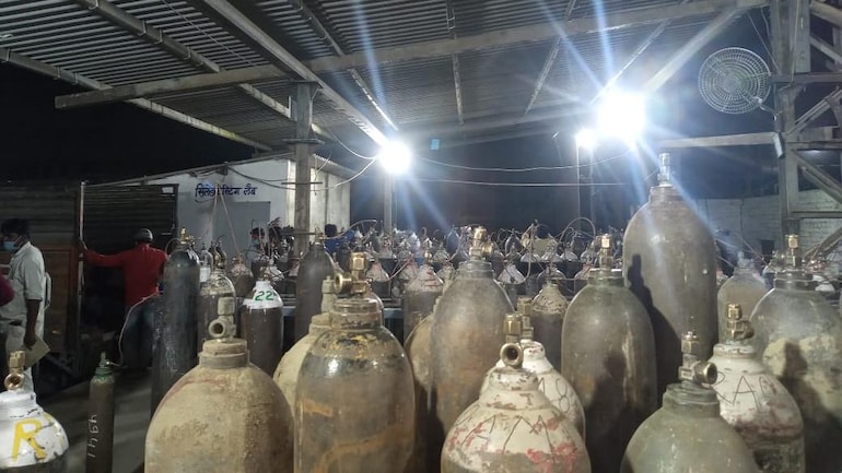 A glimpse of Manoj Gupta's factory. He refills almost 1500 oxygen cylinders every day.