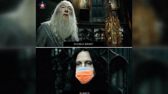 Mumbai Police's meme on double masking features Dumbledore and Snape from iconic scene
